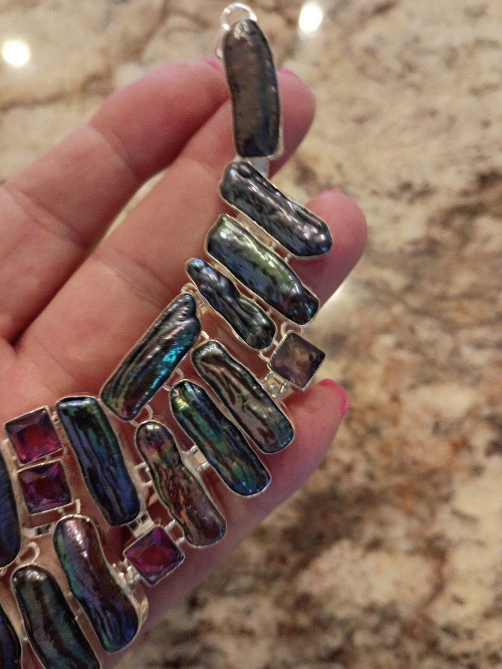 Stunning Real Biwa Pearl Necklace with Pink/Purple Stone Accents - Picture 5 of 6